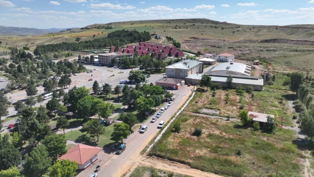 Scenic aerial shot showcasing rural architecture and landscape in Sivas, Turkey.
