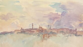 Hazy watercolor cityscape with soft pastel clouds.
