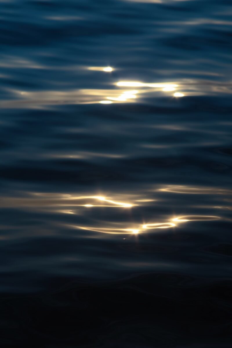 Sunlight glinting on dark, rippling water