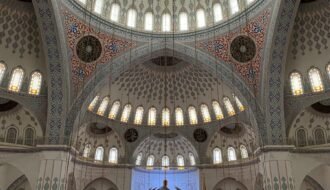 the inside of a large building with a dome ceiling
