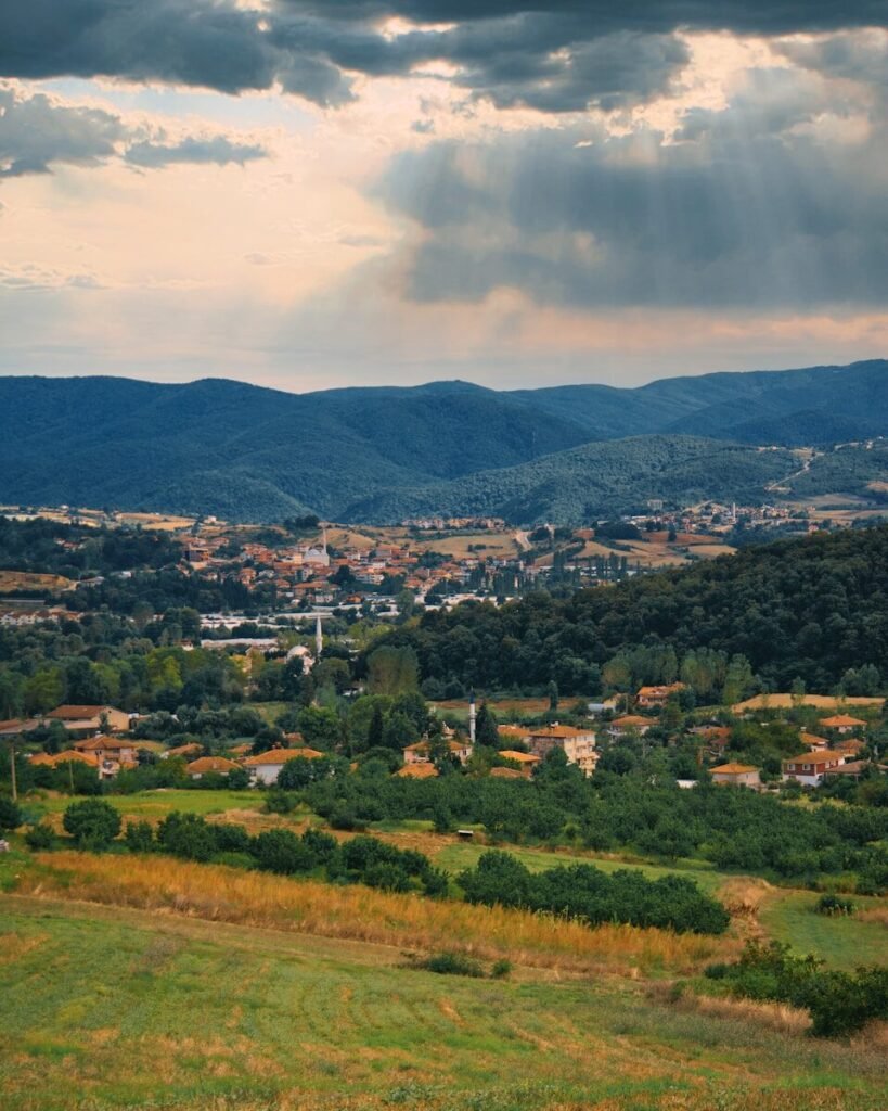 a view of a town in the distance with mountains in the background
